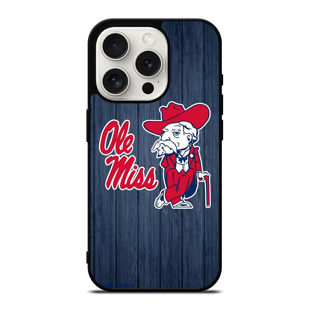 OLE MISS UNIVERSITY FOOTBALL WOODEN LOGO iPhone 15 Pro Case Cover