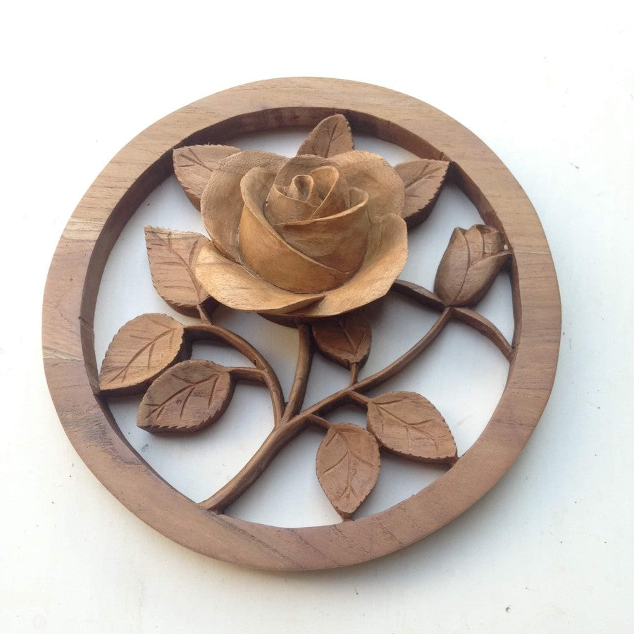 Round Rose Teak Wood Wall Art Decor