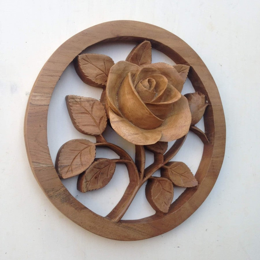 Round Rose Teak Wood Wall Art Decor