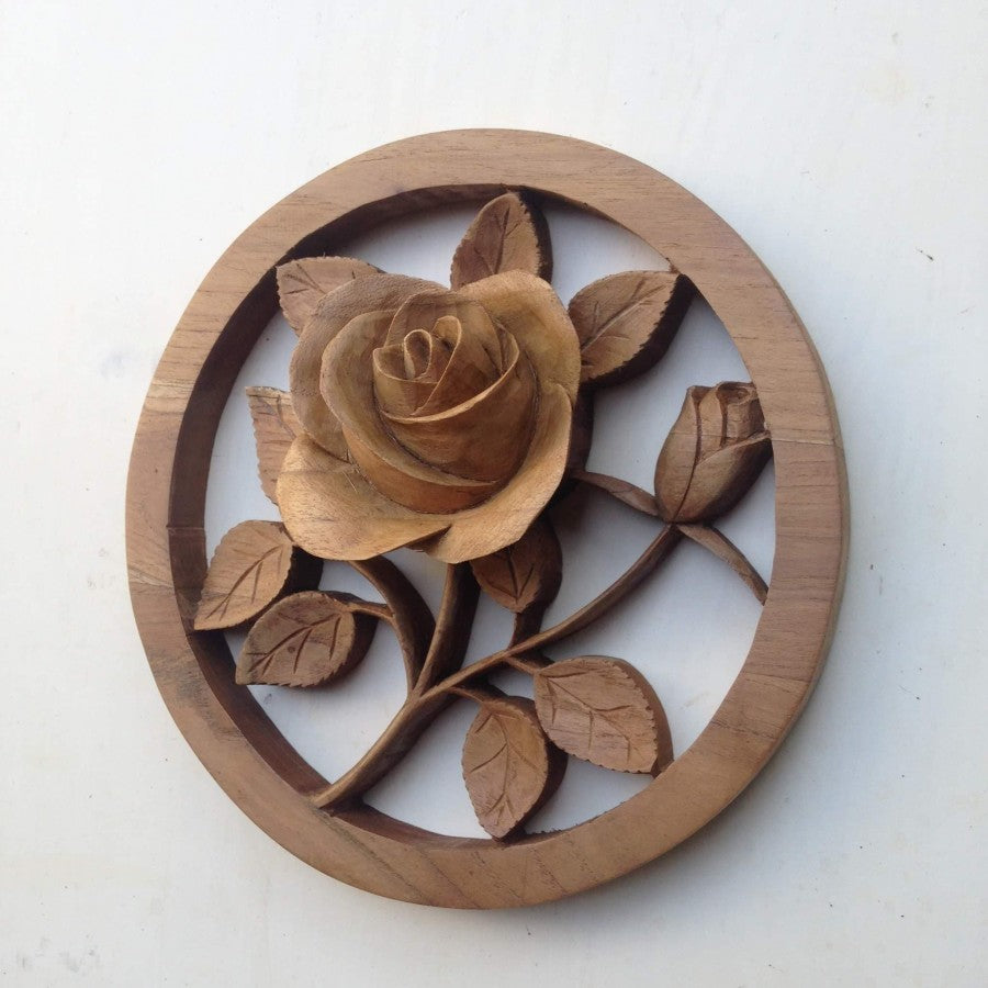 Round Rose Teak Wood Wall Art Decor