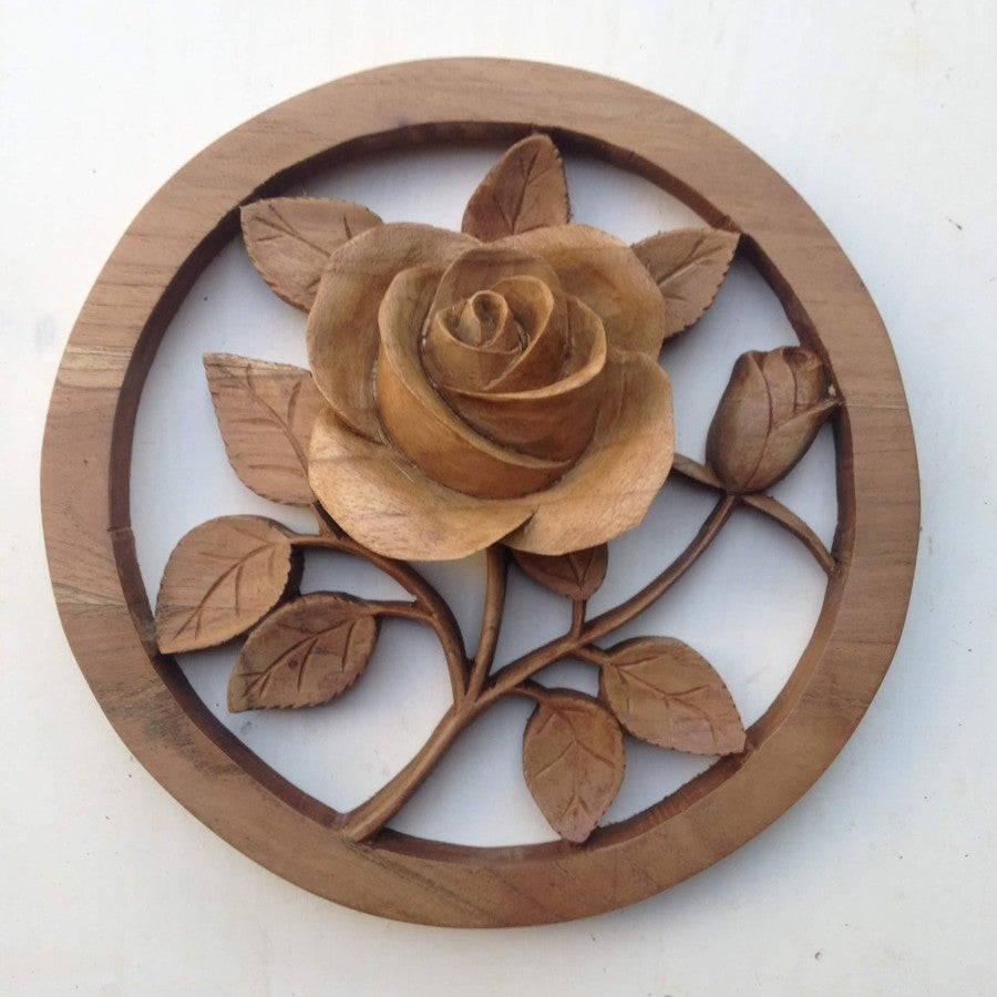 Round Rose Teak Wood Wall Art Decor