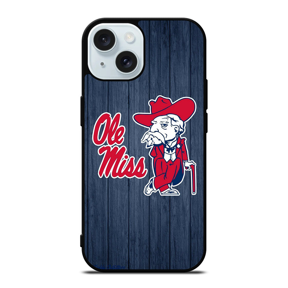 OLE MISS UNIVERSITY FOOTBALL WOODEN LOGO iPhone 15 Case Cover