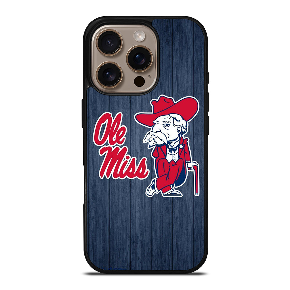 OLE MISS UNIVERSITY FOOTBALL WOODEN LOGO iPhone 16 Pro Case Cover
