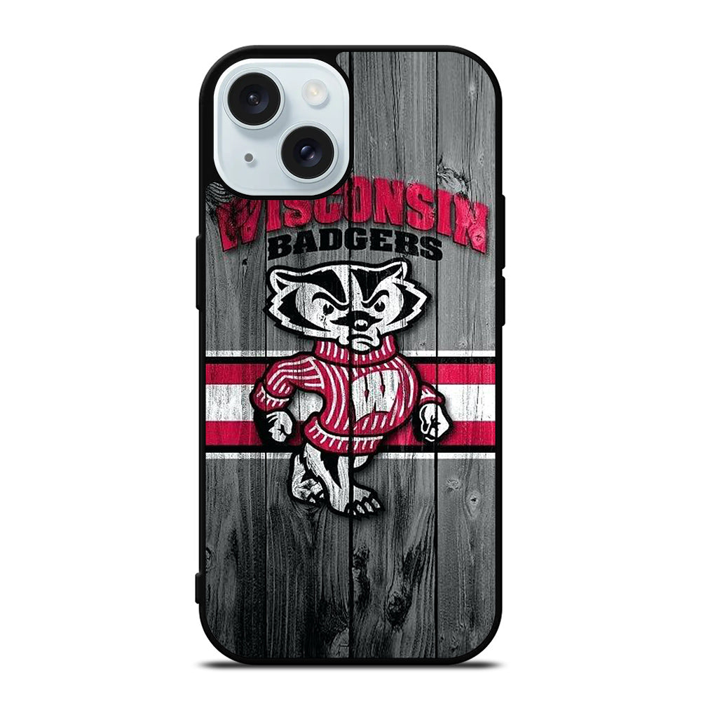 WISCONSIN BADGERS WOODEN LOGO iPhone 15 Case Cover
